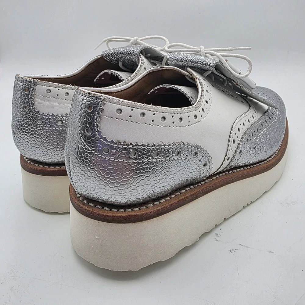 Grenson Emily Wingtip Brogues Womens 7 (UK 4.5) Silver White Platform Oxford
